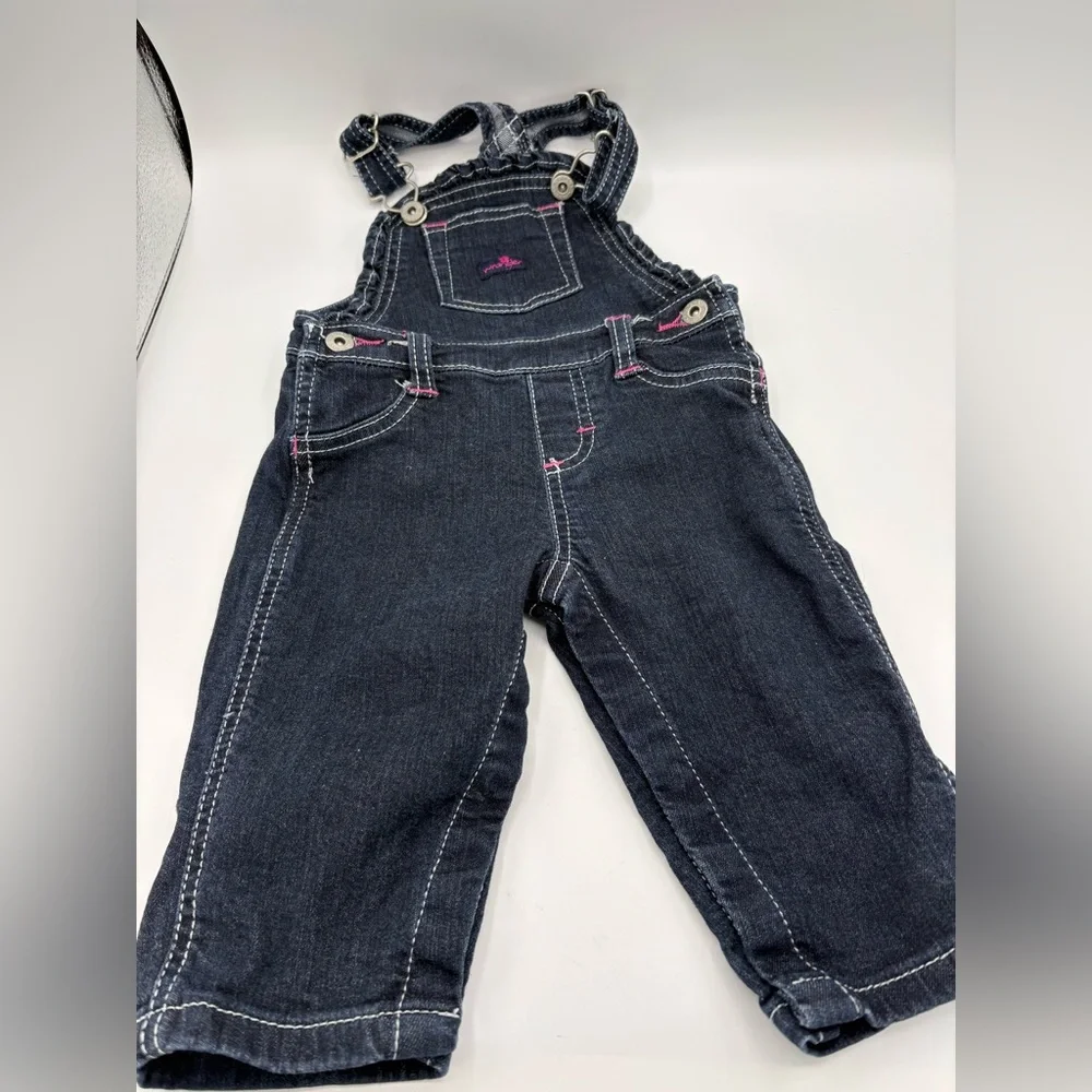 Infant girl Wrangler bib overalls hot pink stitching dark wash denim 3-6 months - Picture 2 of 7